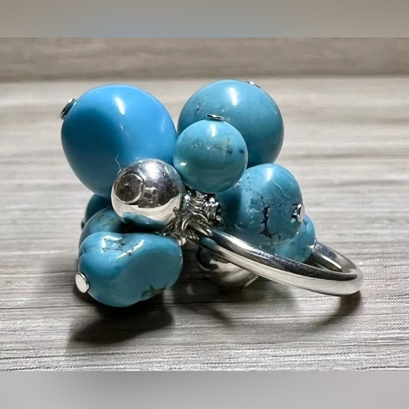 Designer Southwest Sterling Silver Turquoise Cha-Cha Bead Stretch Ring, Size 5 - Picture 4 of 8